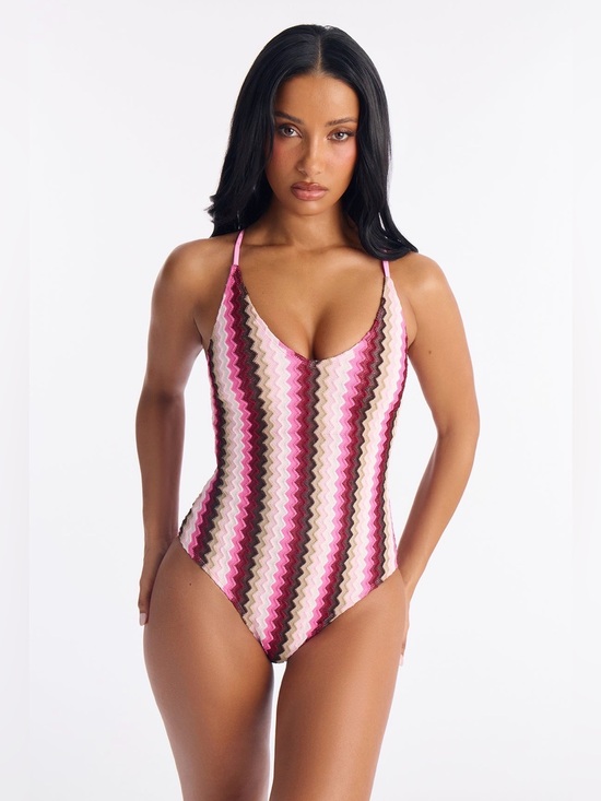 Fashion Nova Other - Fashion Nova Crochet Striped Pink/Combo Zigzag One-Piece Swimsuit-Large NWT🩷